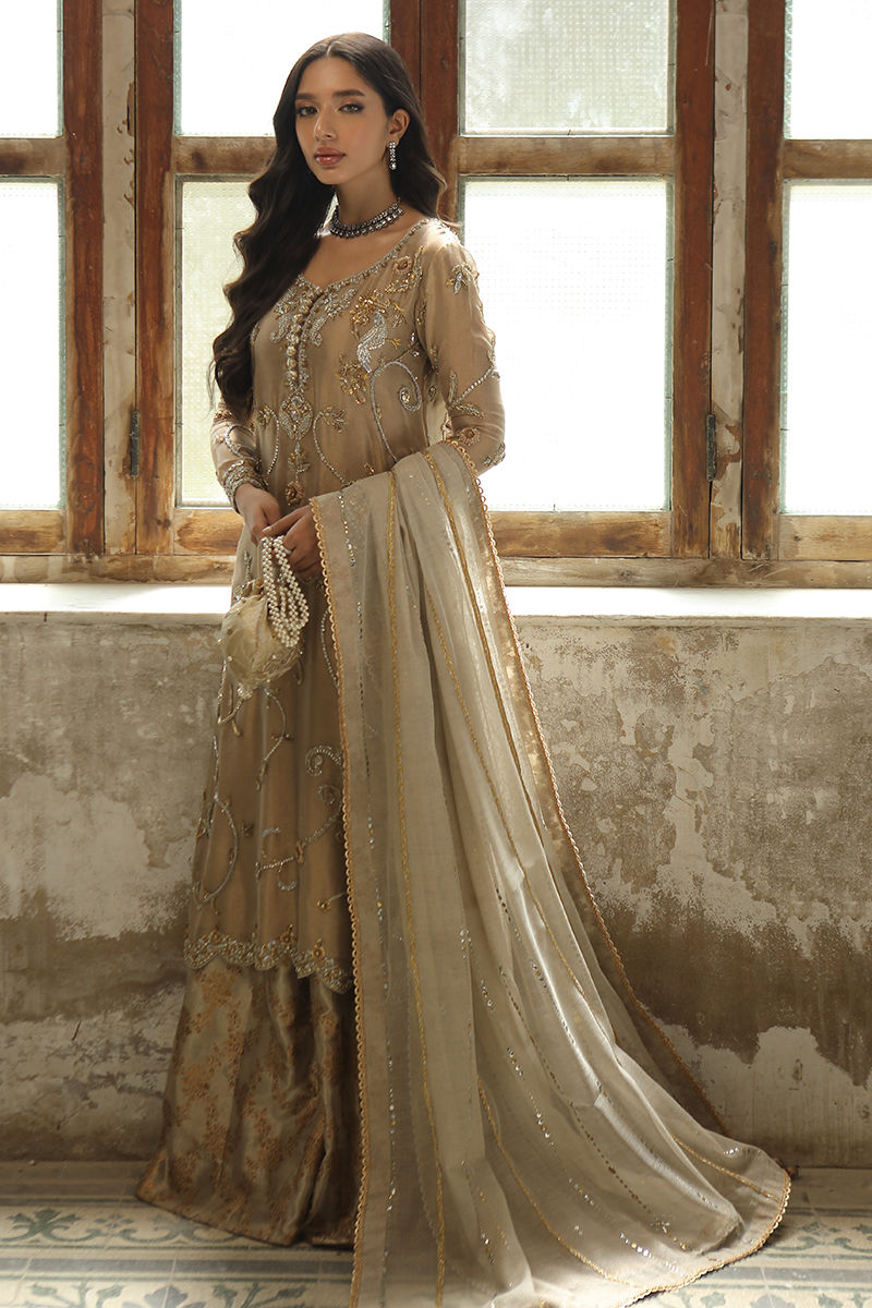 Rose Gold Handworked Zari Net Salwar Kameez (3-Piece) - Image 3