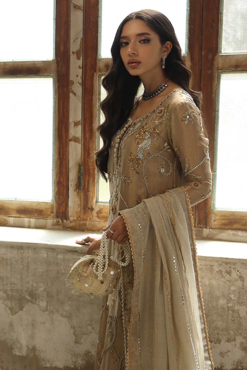 Rose Gold Handworked Zari Net Salwar Kameez (3-Piece) - Image 4