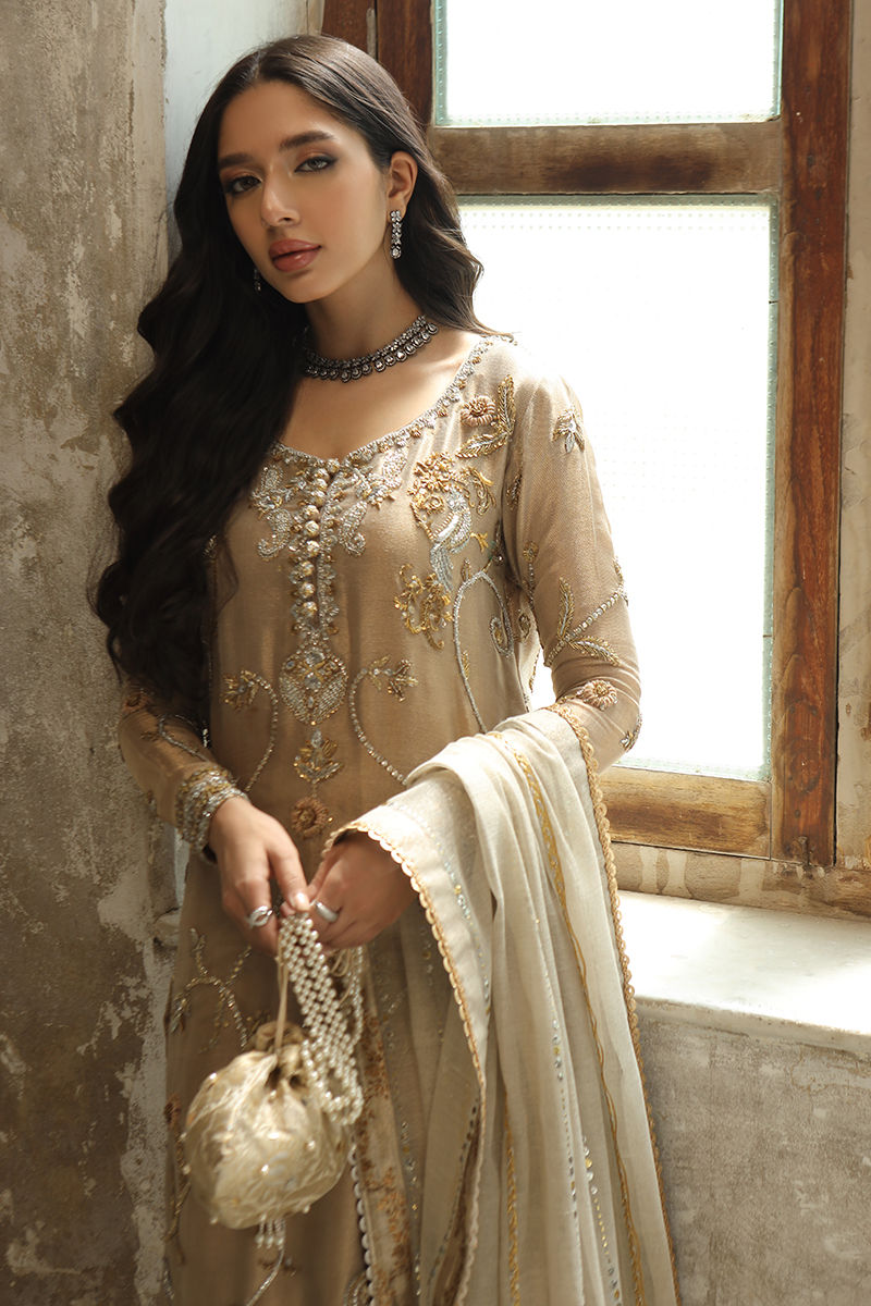 Rose Gold Handworked Zari Net Salwar Kameez (3-Piece) - Image 5
