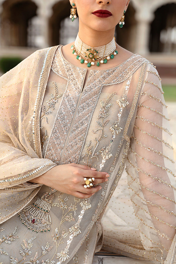 Pakistani Champagne Zari Net Salwar Kameez (3-Piece) - Image 3