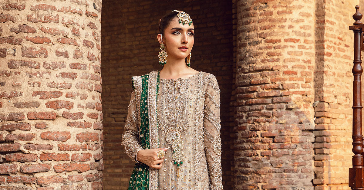 Pakistani Dull Gold Hand-Embellished Zari Net Salwar Kameez (3-Piece) - Image 5