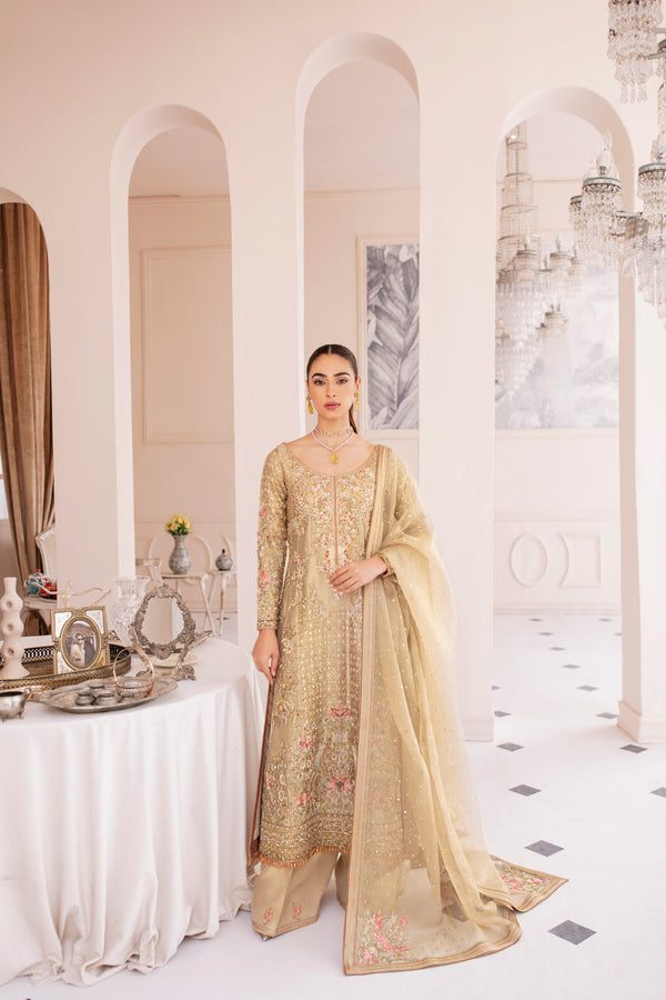 Gold Hand-Embellished Long Shirt Salwar Kameez (3-Piece) - Image 1