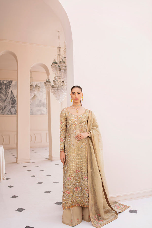 Gold Hand-Embellished Long Shirt Salwar Kameez (3-Piece) - Image 2