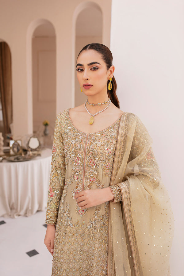 Gold Hand-Embellished Long Shirt Salwar Kameez (3-Piece) - Image 3