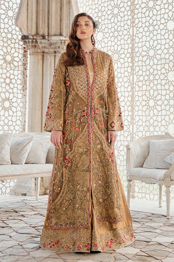Pakistani Gold Zari Net Front-Open Shirt with Jamawar Azaar (2-Piece) - Image 2