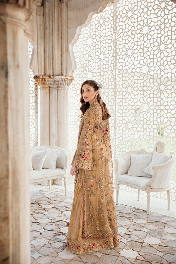 Pakistani Gold Zari Net Front-Open Shirt with Jamawar Azaar (2-Piece) - Image 3