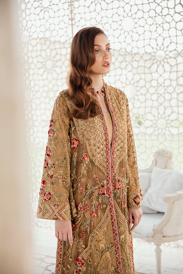 Pakistani Gold Zari Net Front-Open Shirt with Jamawar Azaar (2-Piece) - Image 4