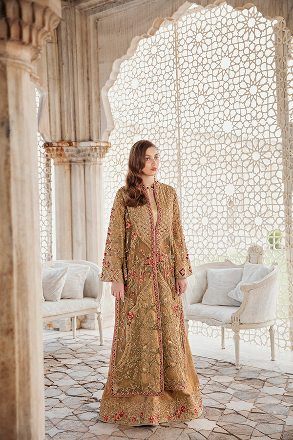 Pakistani Gold Zari Net Front-Open Shirt with Jamawar Azaar (2-Piece) - Image 5