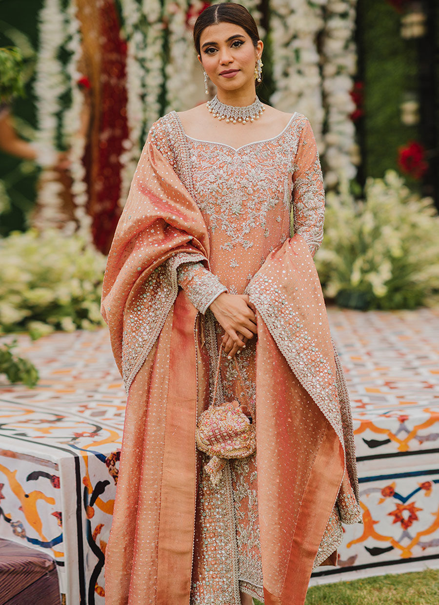 Rose Gold Zari Silk Bridal Salwar Kameez (3-Piece) - Image 1