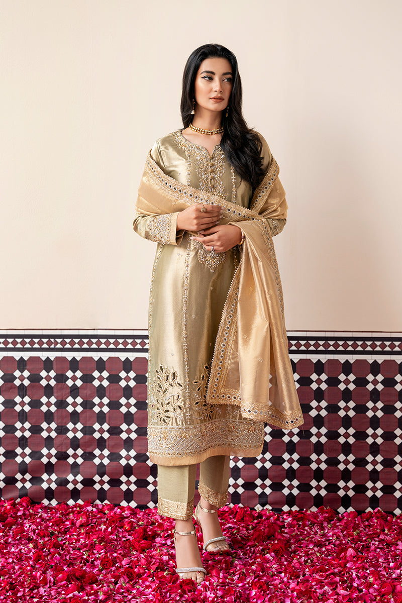 Gold & Silver Embellished Zari Silk Salwar Kameez (3-Piece) - Image 2