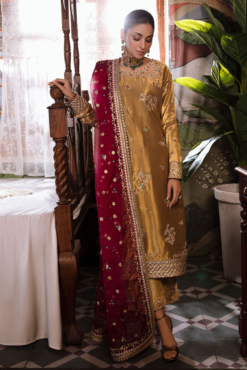Pakistani Tobacco Gold Embroidered Zarri Silk Salwar Kameez (3-Piece) - Image 1