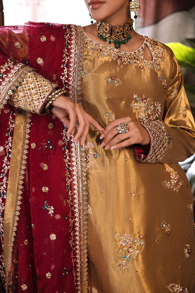 Pakistani Tobacco Gold Embroidered Zarri Silk Salwar Kameez (3-Piece) - Image 2