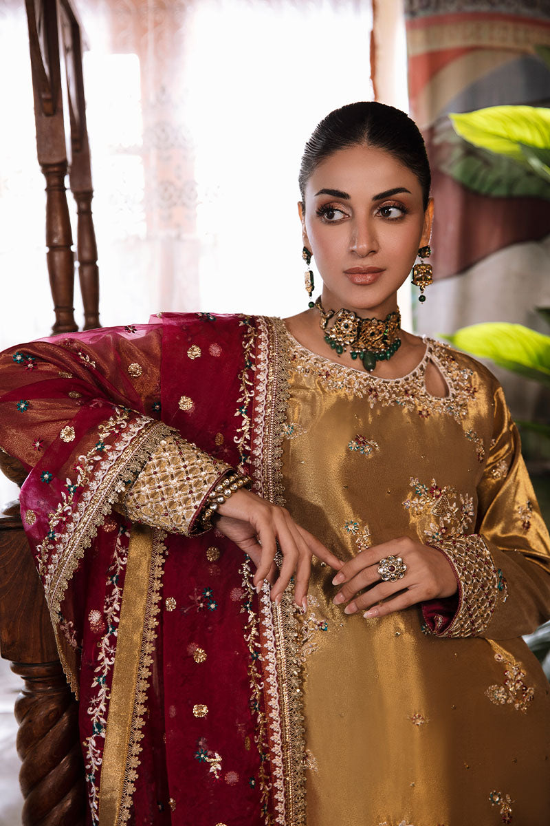 Pakistani Tobacco Gold Embroidered Zarri Silk Salwar Kameez (3-Piece) - Image 3