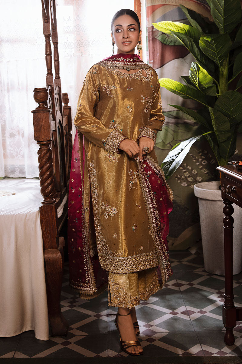 Pakistani Tobacco Gold Embroidered Zarri Silk Salwar Kameez (3-Piece) - Image 4