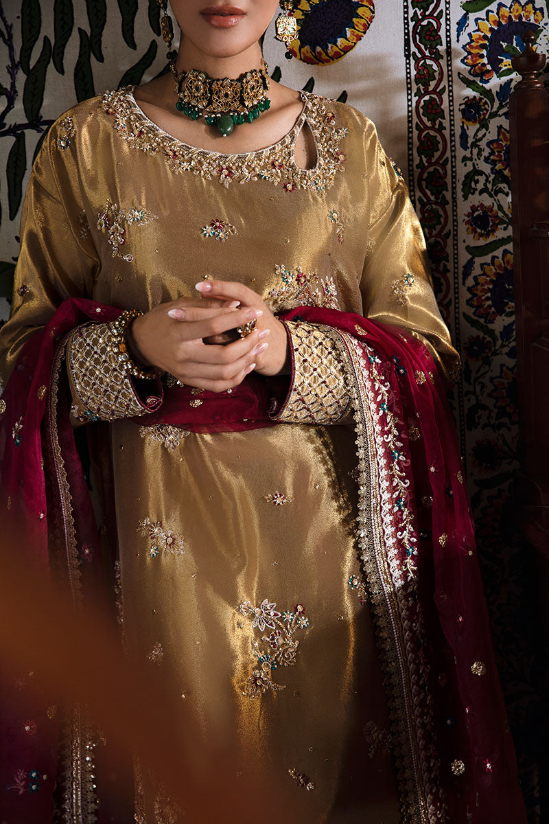 Pakistani Tobacco Gold Embroidered Zarri Silk Salwar Kameez (3-Piece) - Image 7