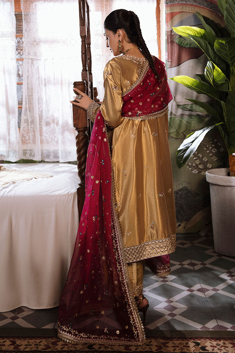 Pakistani Tobacco Gold Embroidered Zarri Silk Salwar Kameez (3-Piece) - Image 8