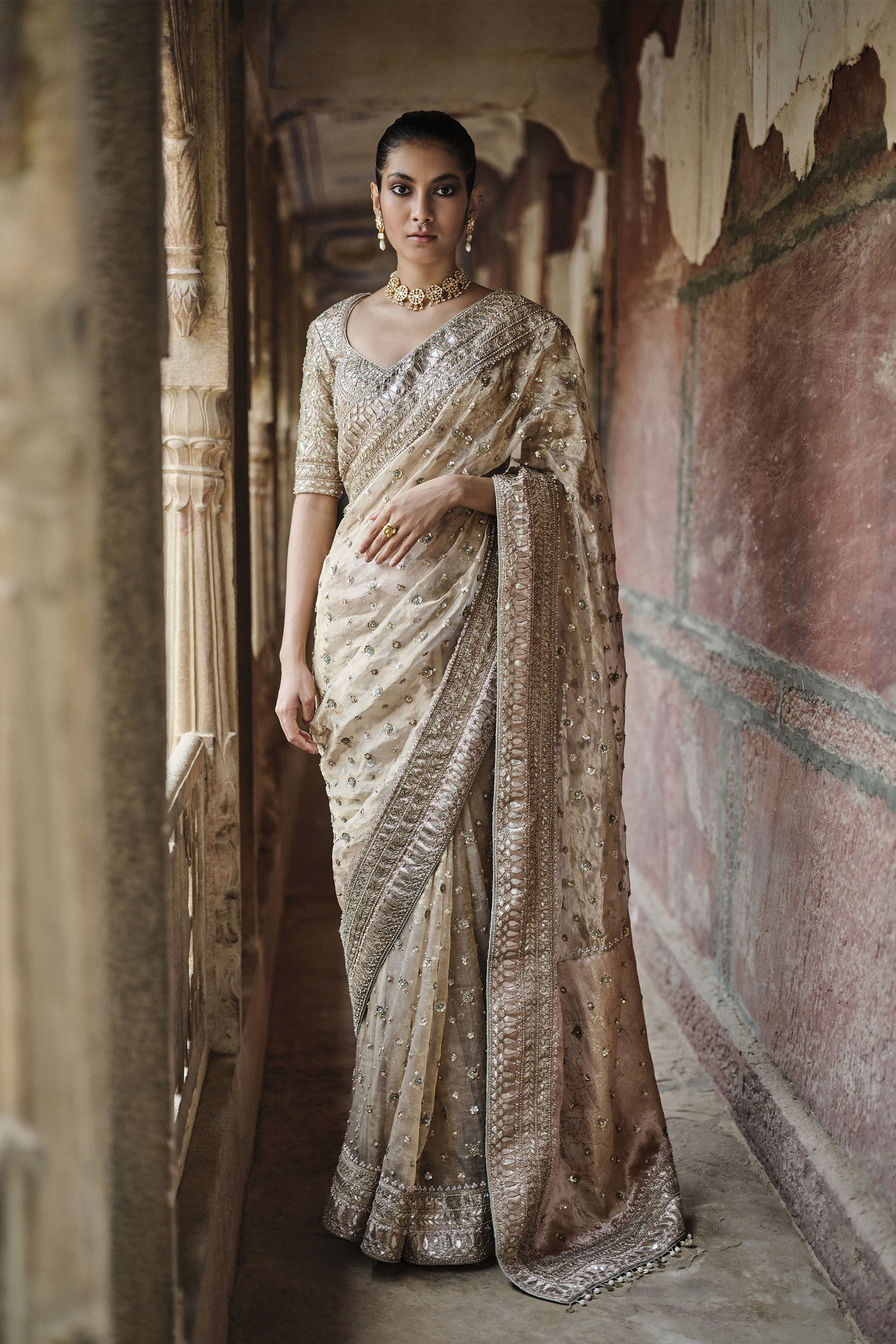 Gold Benarasi Silk Saree with Gota Patti & Zardozi (3-Piece) - Image 1