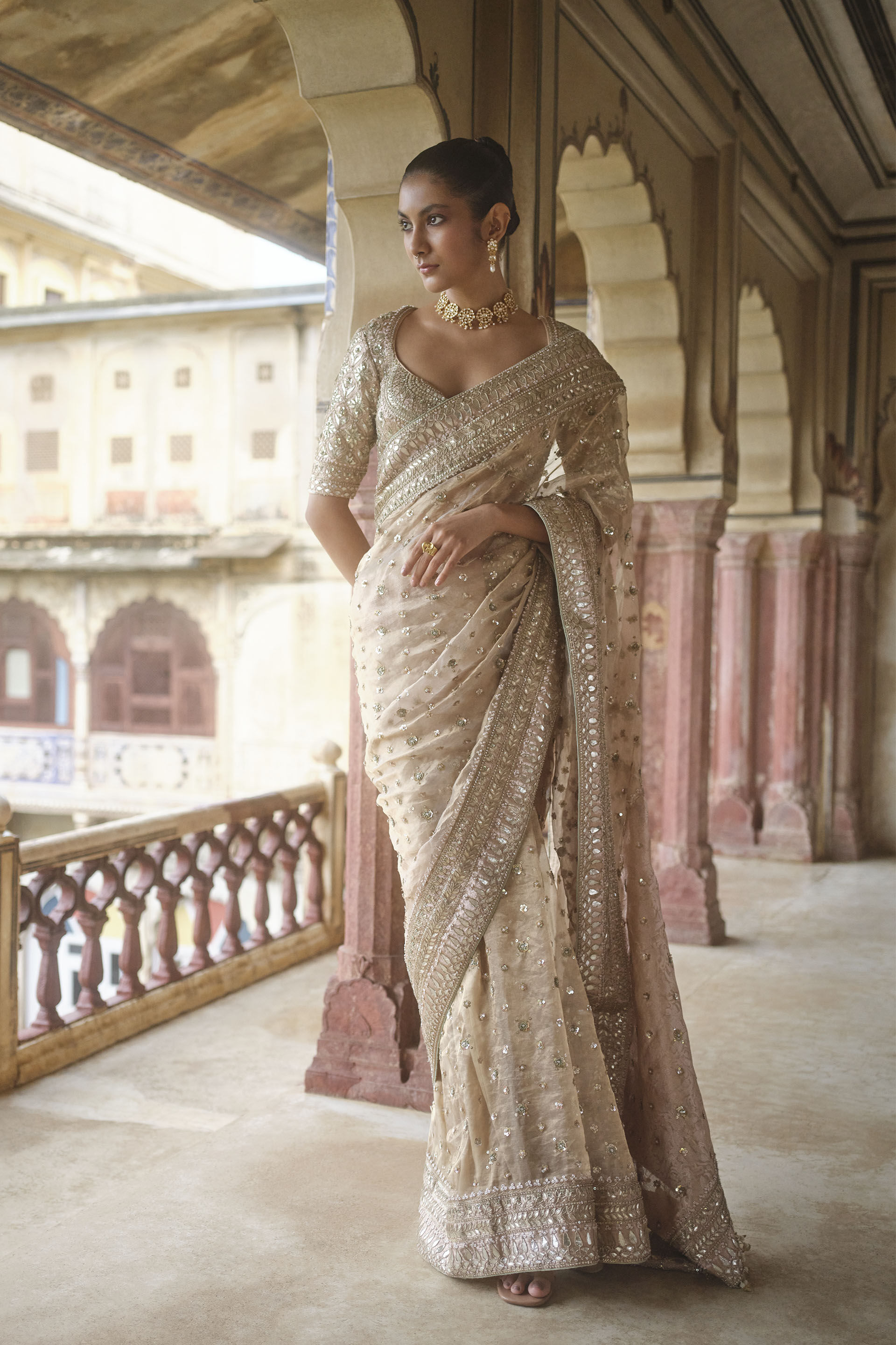 Gold Benarasi Silk Saree with Gota Patti & Zardozi (3-Piece) - Image 3