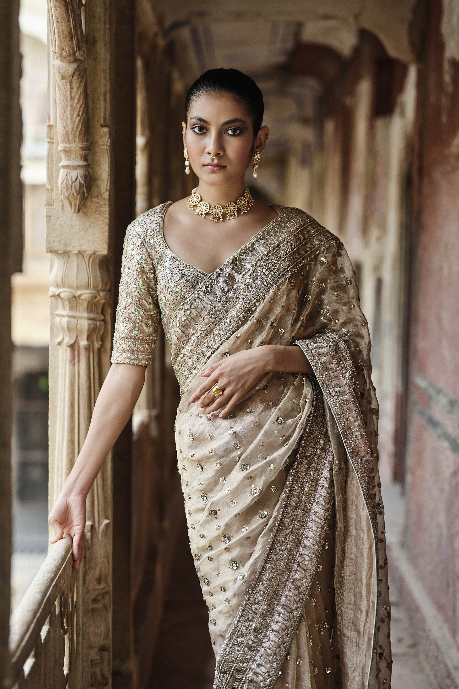 Gold Benarasi Silk Saree with Gota Patti & Zardozi (3-Piece) - Image 4