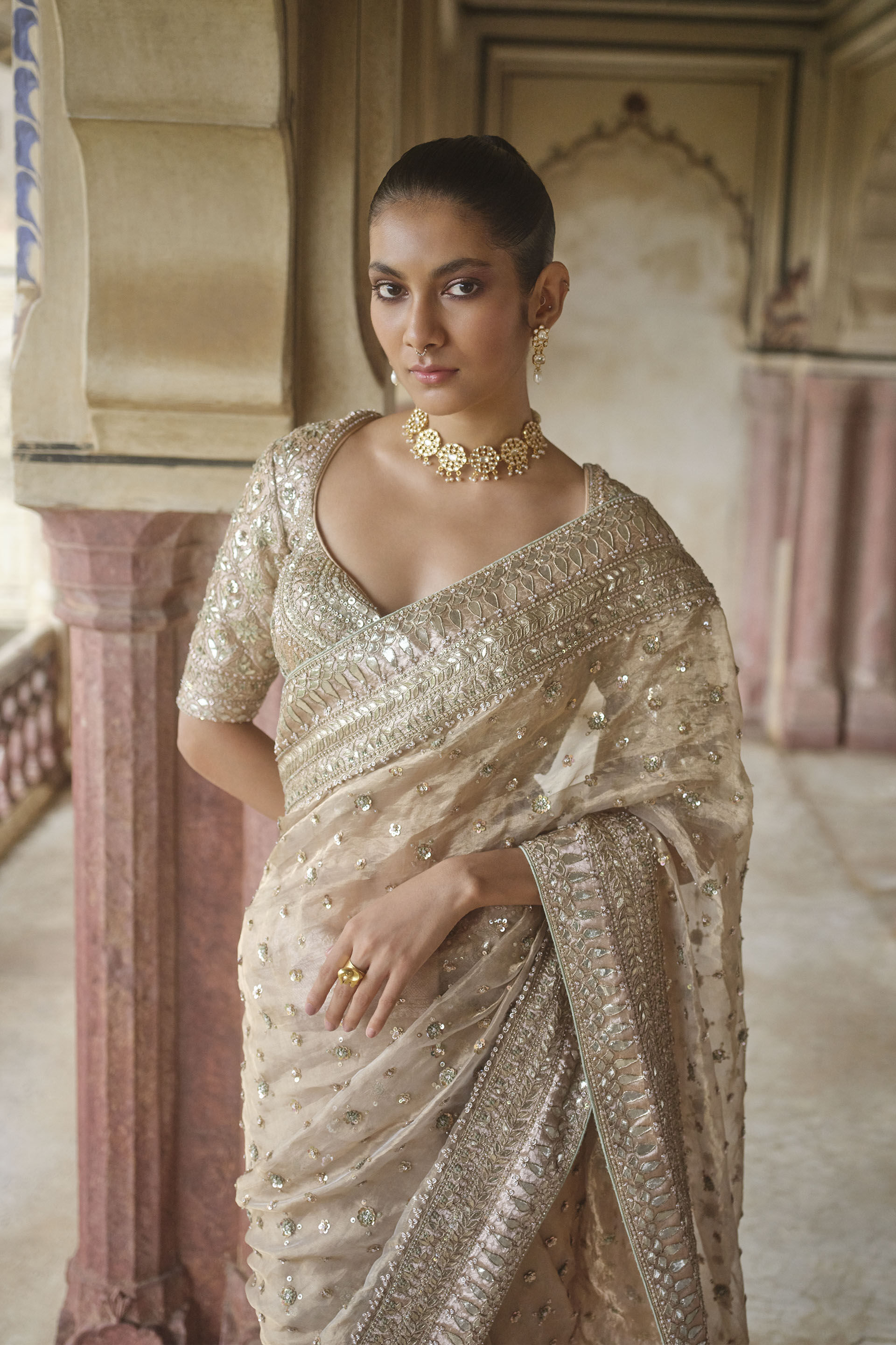Gold Benarasi Silk Saree with Gota Patti & Zardozi (3-Piece) - Image 5