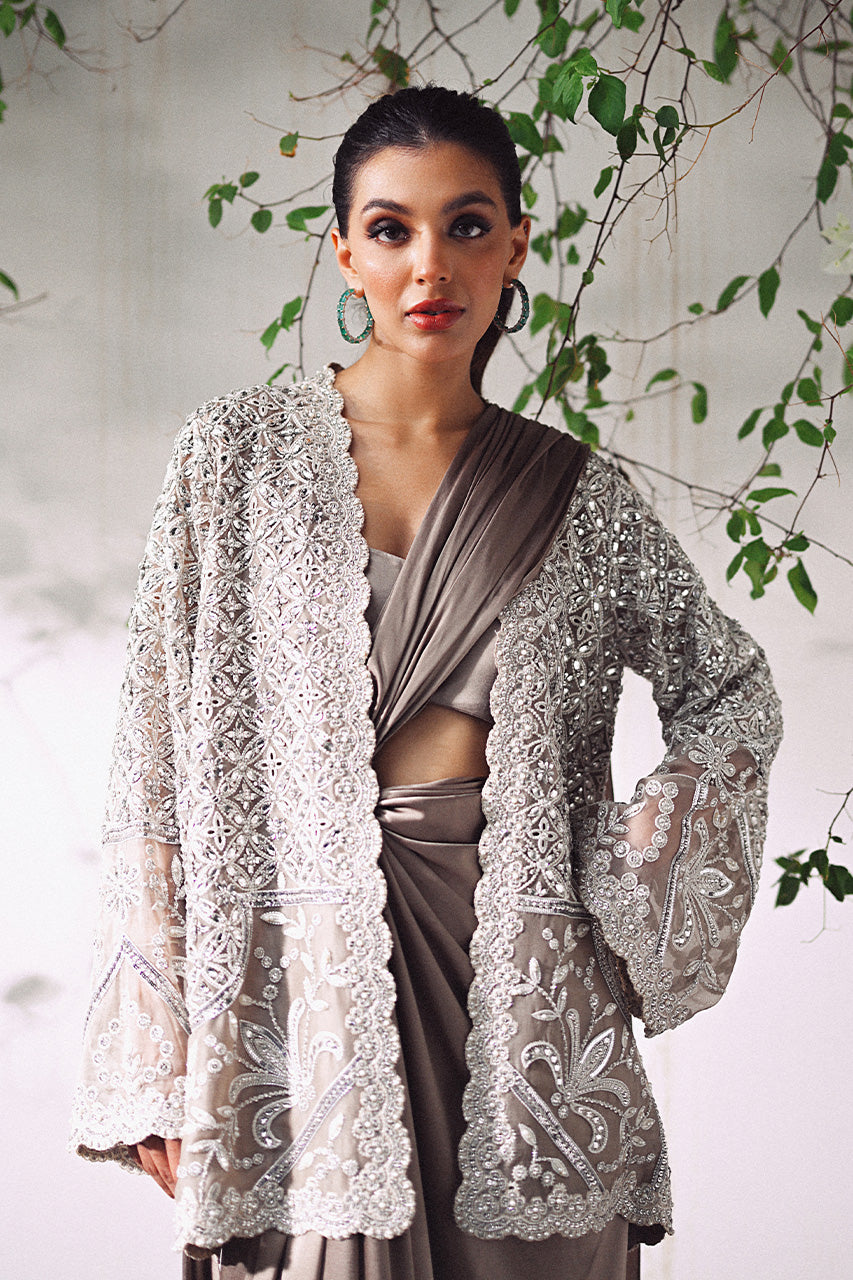 Pakistani Antique Copper Embroidered Charmeuse Saree (2-Piece) - Image 6