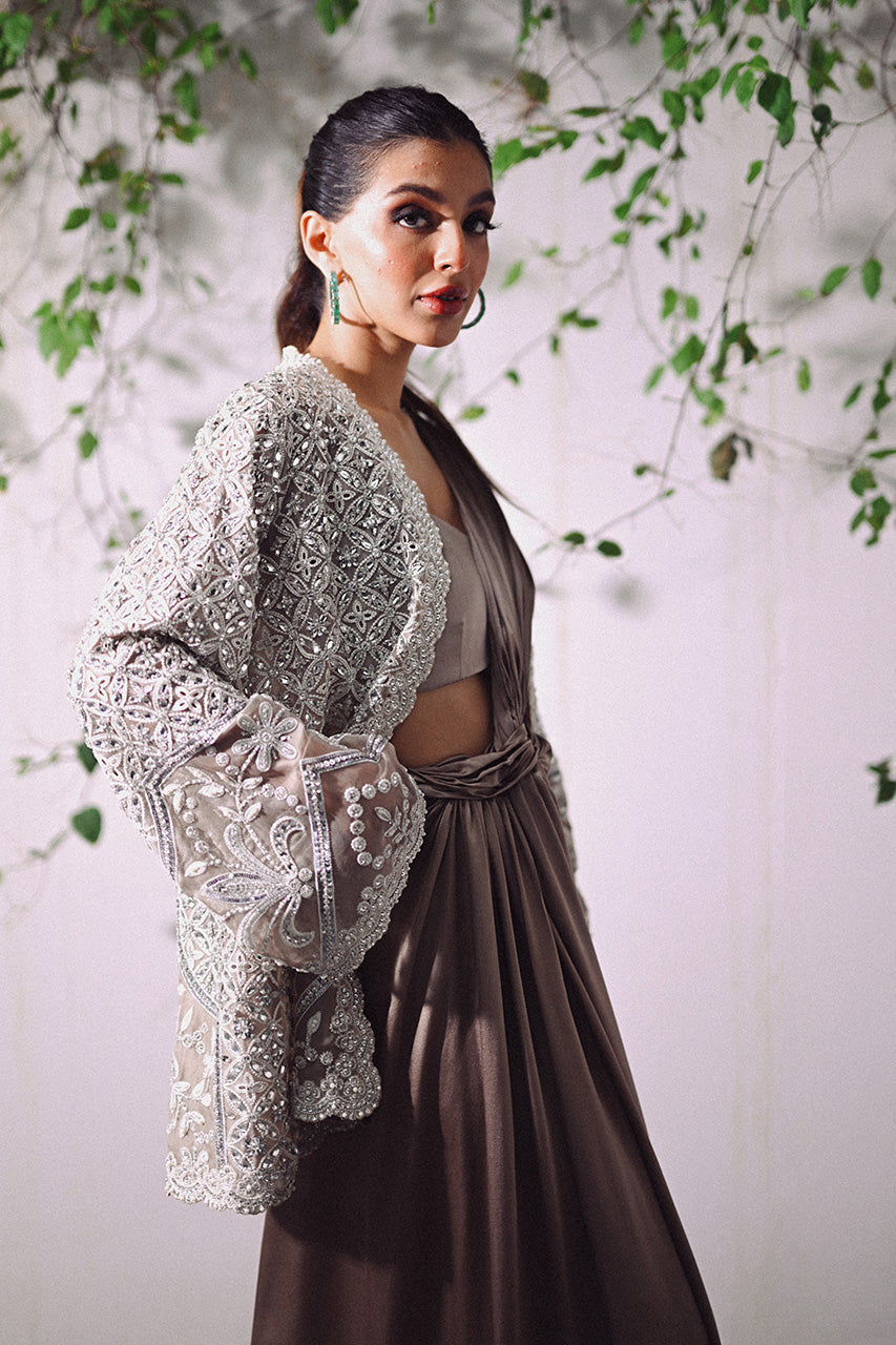 Pakistani Antique Copper Embroidered Charmeuse Saree (2-Piece) - Image 9