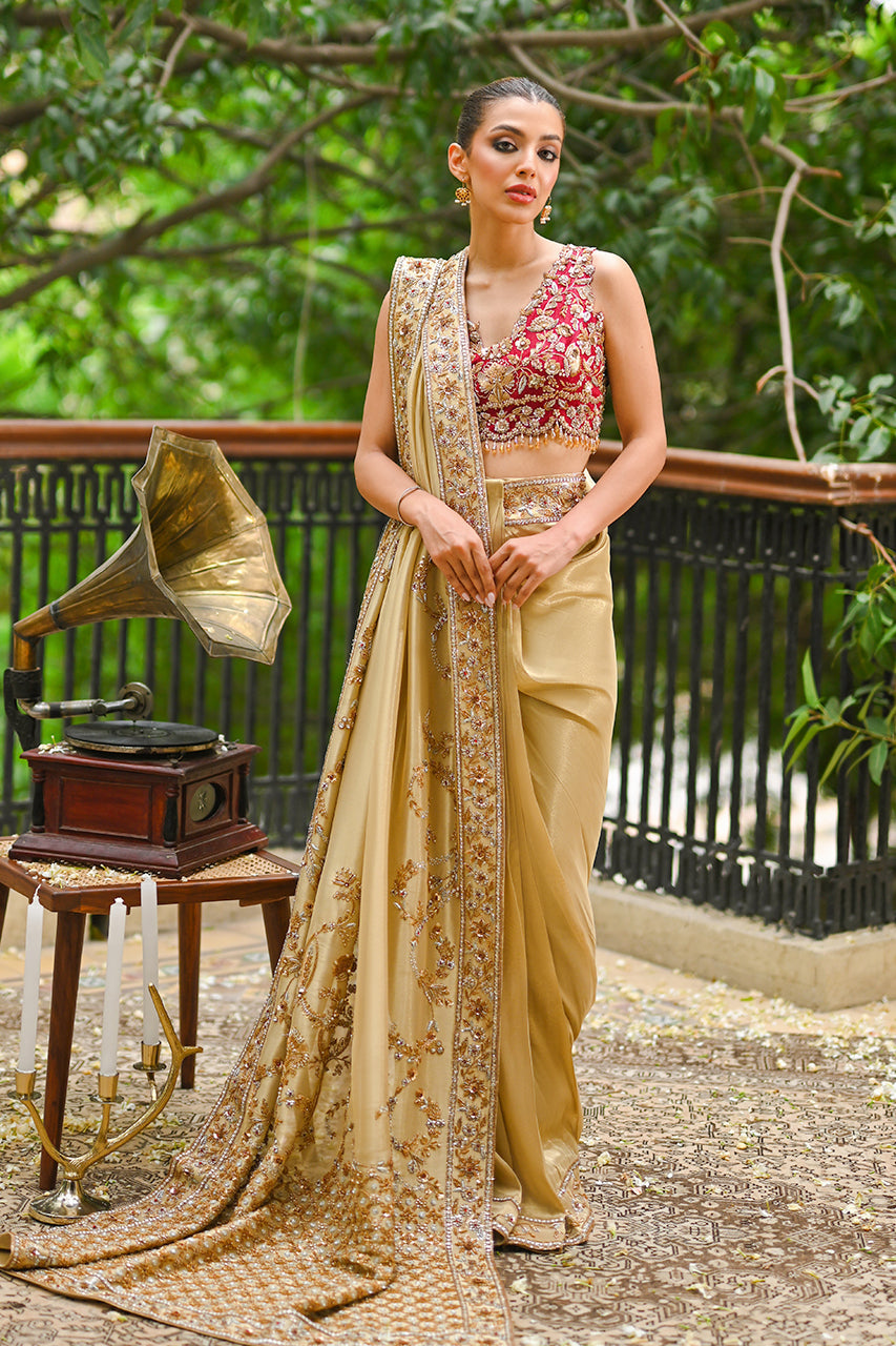 Pakistani Gold Zardozi Lame Saree with Crimson Jamawar Choli (2-Piece) - Image 1
