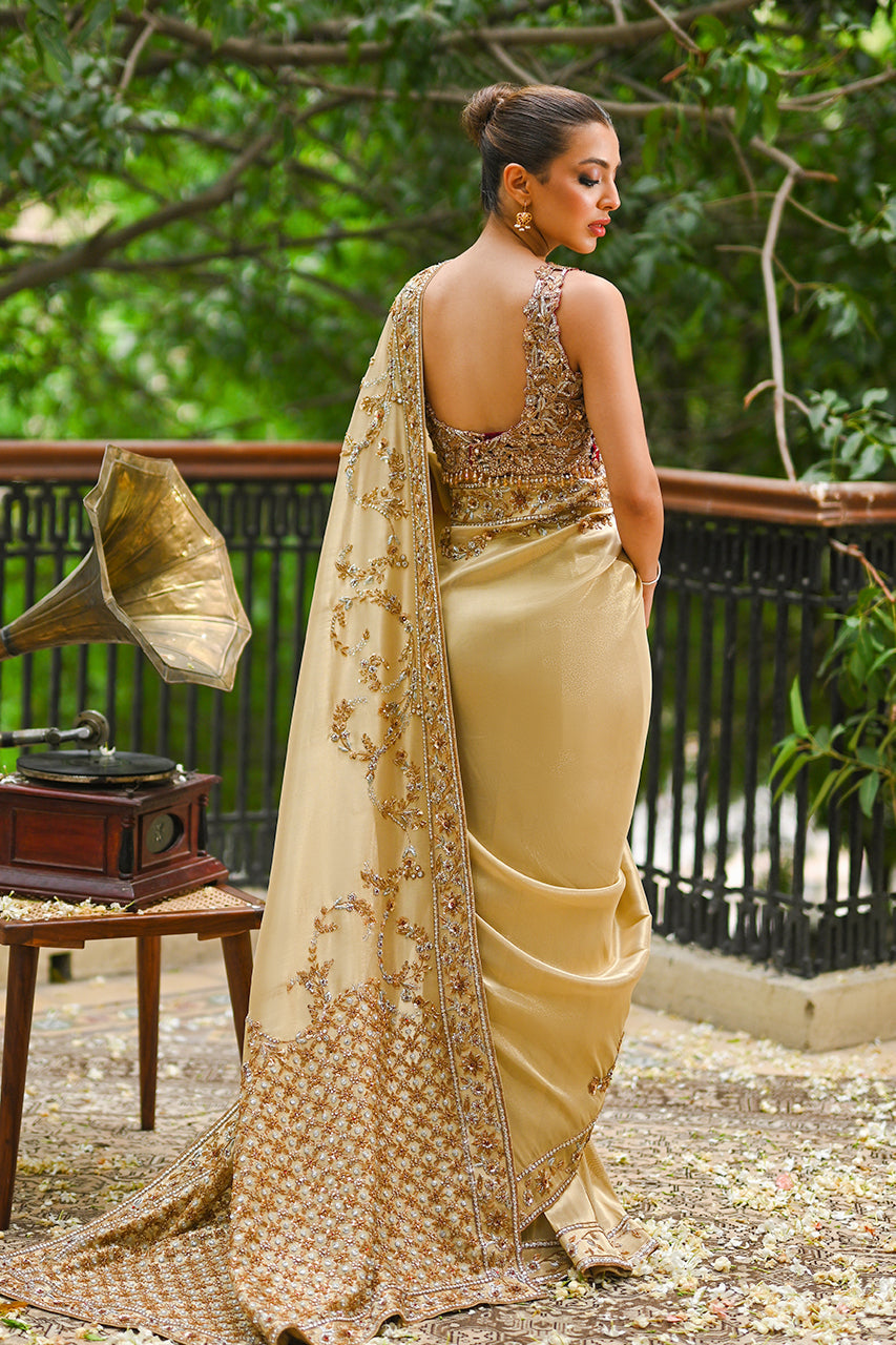 Pakistani Gold Zardozi Lame Saree with Crimson Jamawar Choli (2-Piece) - Image 2