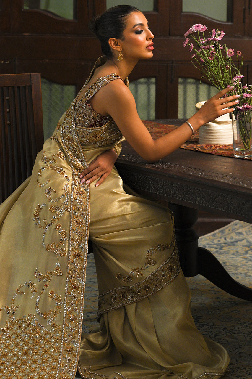 Pakistani Gold Zardozi Lame Saree with Crimson Jamawar Choli (2-Piece) - Image 5