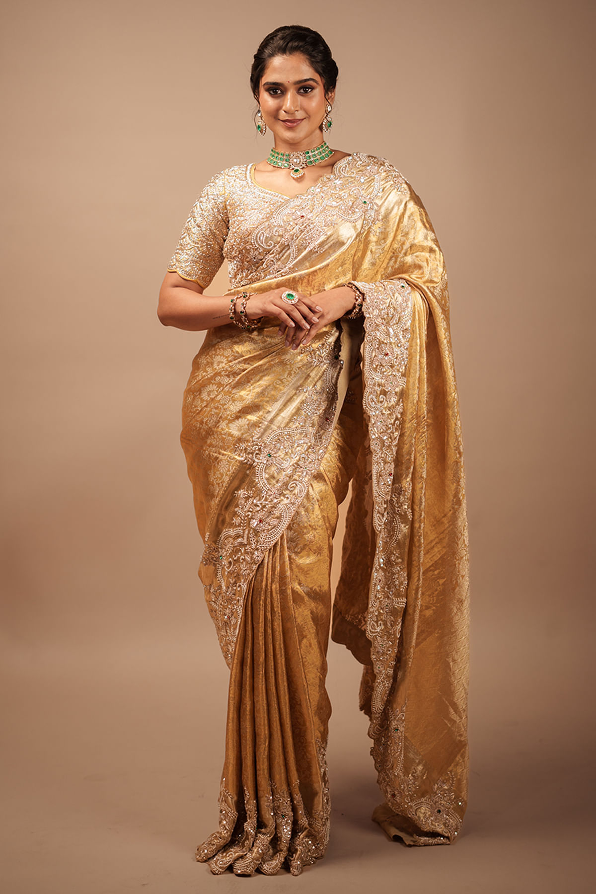 Indian Gold Embroidered Kanchipuram Tissue Saree (2-Piece) - Image 1