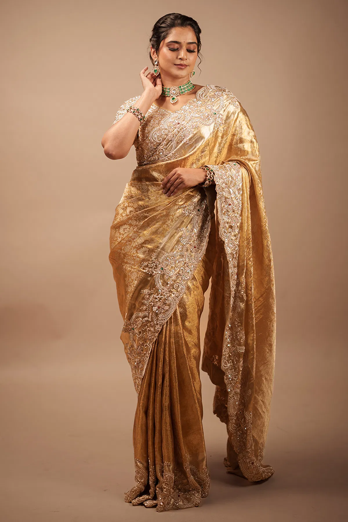 Indian Gold Embroidered Kanchipuram Tissue Saree (2-Piece) - Image 3