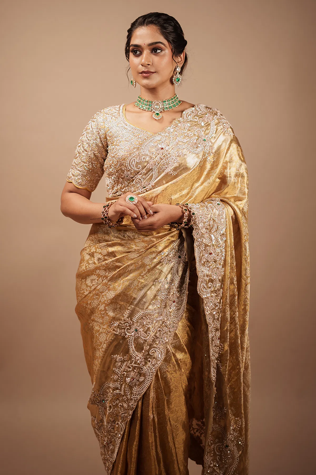 Indian Gold Embroidered Kanchipuram Tissue Saree (2-Piece) - Image 4