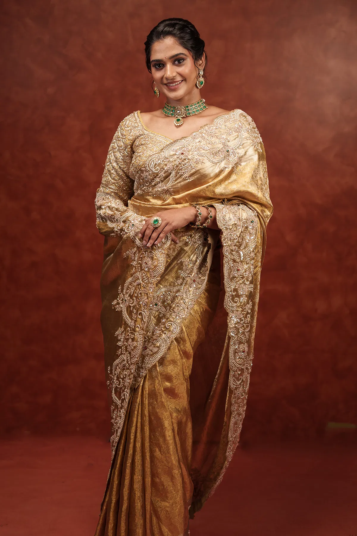 Indian Gold Embroidered Kanchipuram Tissue Saree (2-Piece) - Image 6