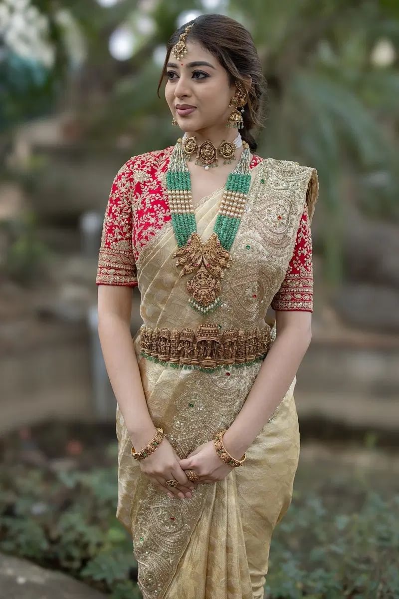 Gold Zari Woven Kanchipuram Tissue Saree (2-Piece) - Image 2