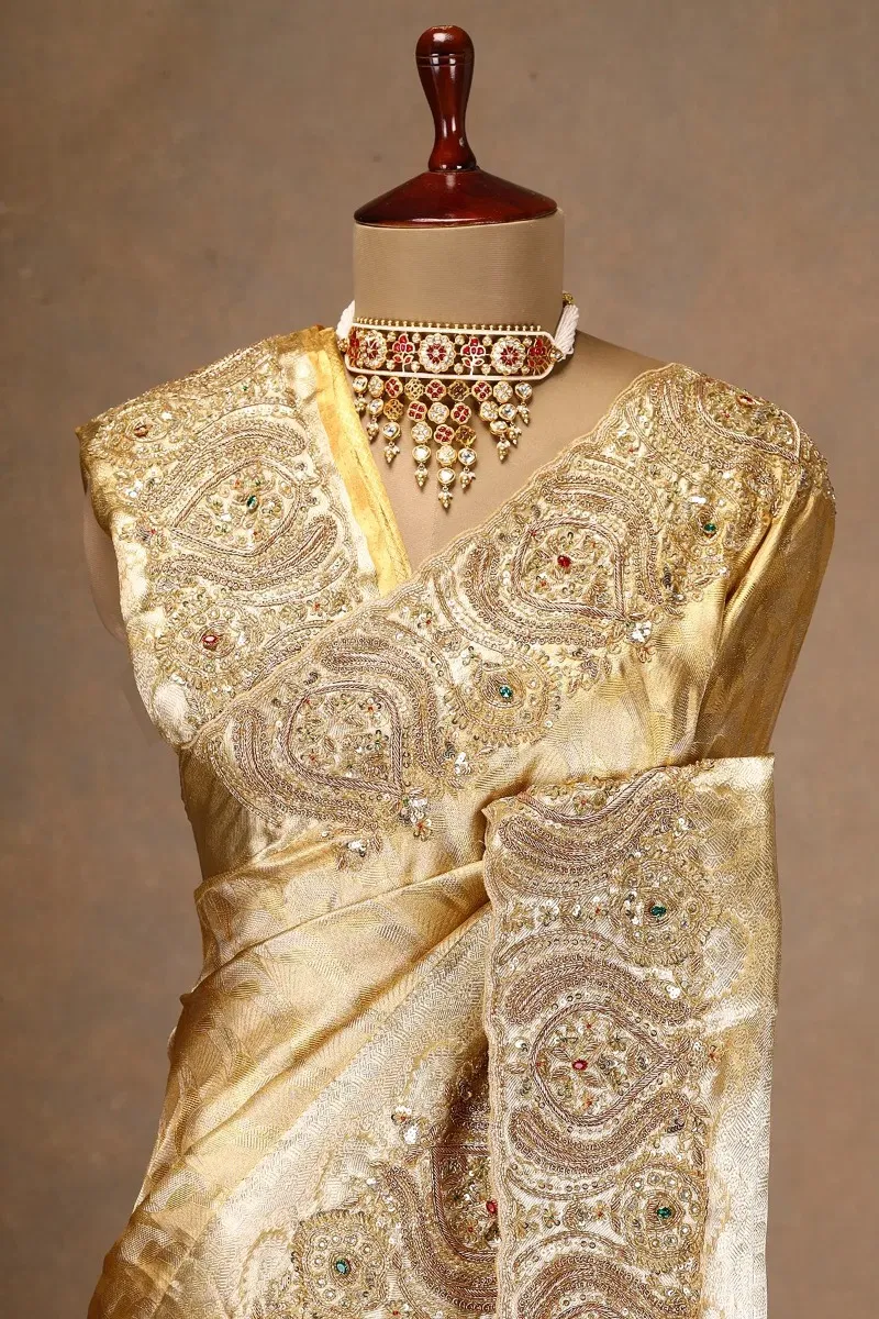 Gold Zari Woven Kanchipuram Tissue Saree (2-Piece) - Image 6