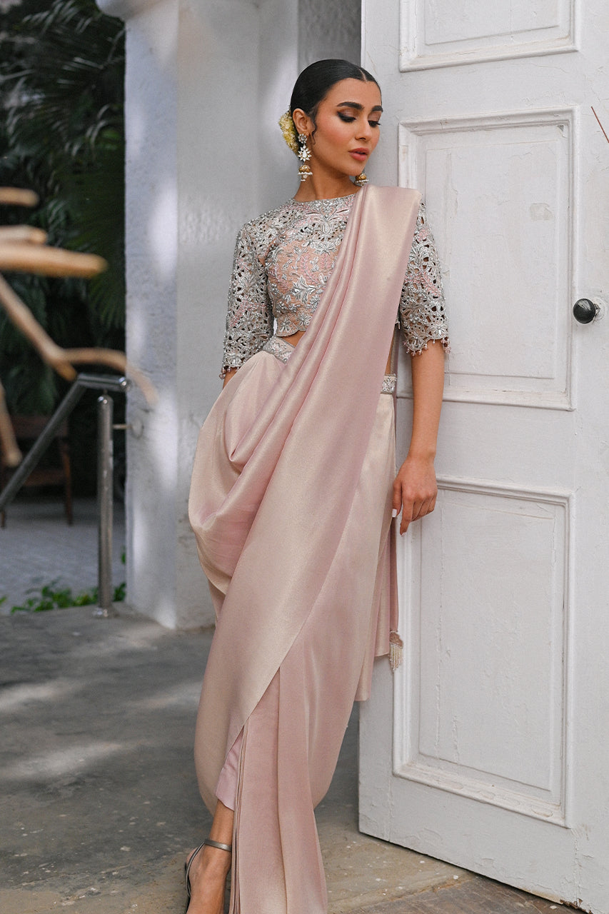 Pakistani Dusty Rose Gold Cutwork Lame Pant Sari (2-Piece) - Image 1