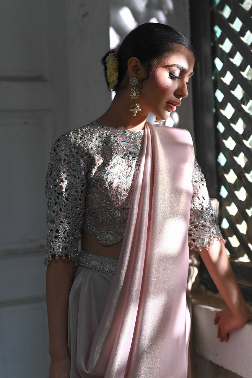 Pakistani Dusty Rose Gold Cutwork Lame Pant Sari (2-Piece) - Image 3