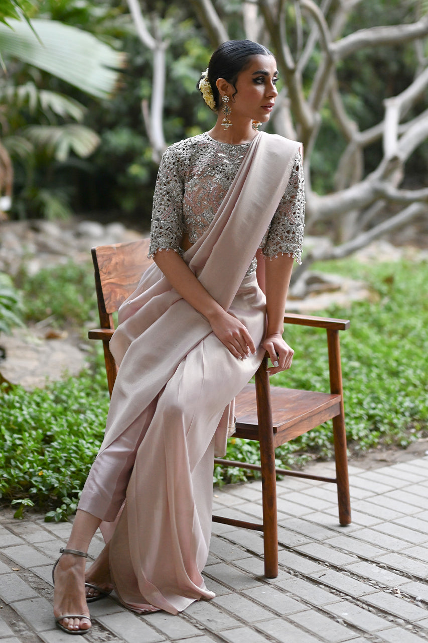 Pakistani Dusty Rose Gold Cutwork Lame Pant Sari (2-Piece) - Image 4