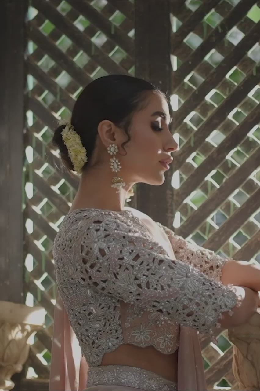 Pakistani Dusty Rose Gold Cutwork Lame Pant Sari (2-Piece) - Image 6