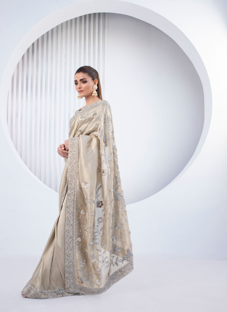 Pakistani Gold Zardozi Lame Tissue Saree (2-Piece) - Image 2