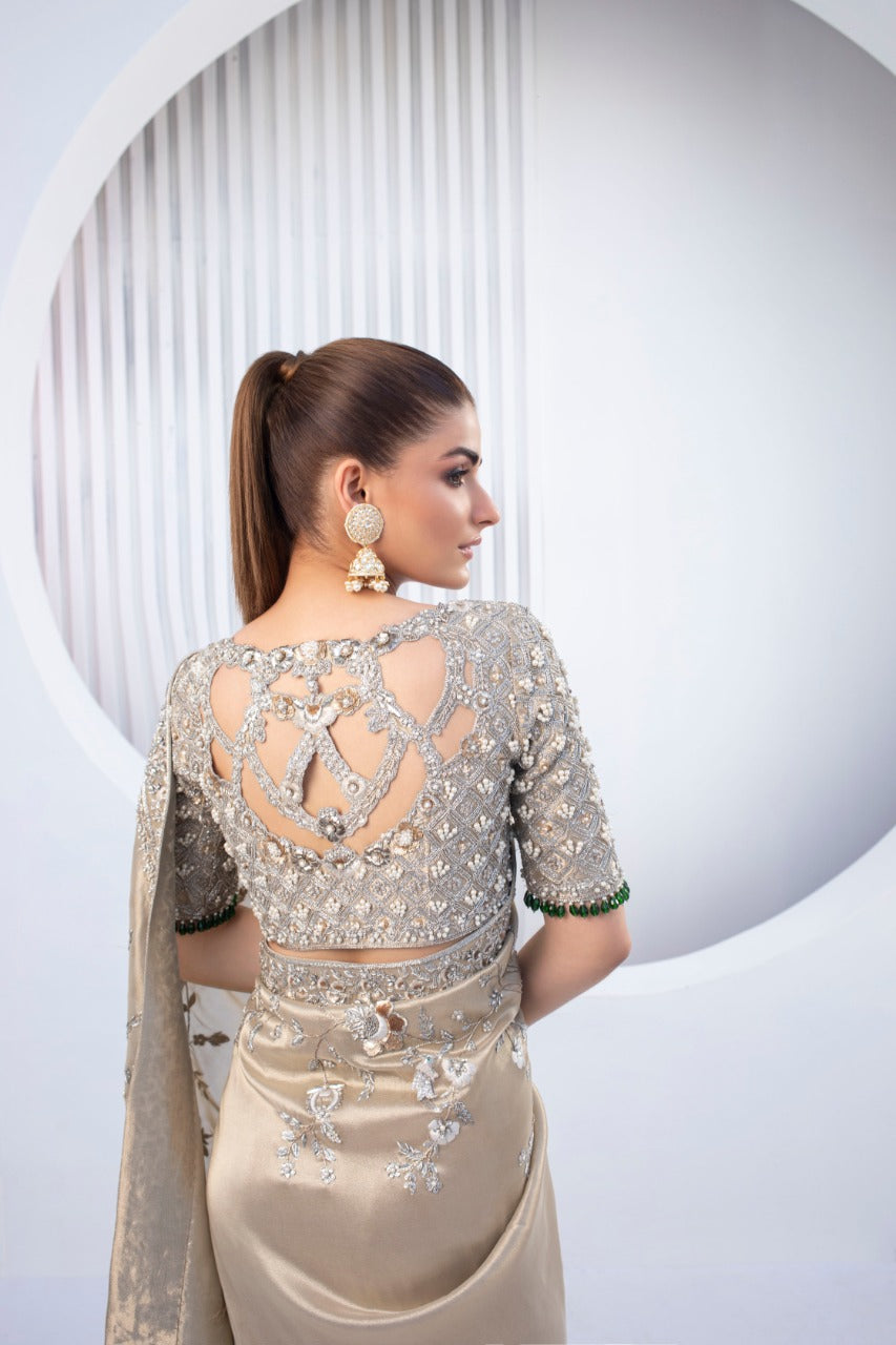 Pakistani Gold Zardozi Lame & Tissue Saree (2-Piece) - Image 1