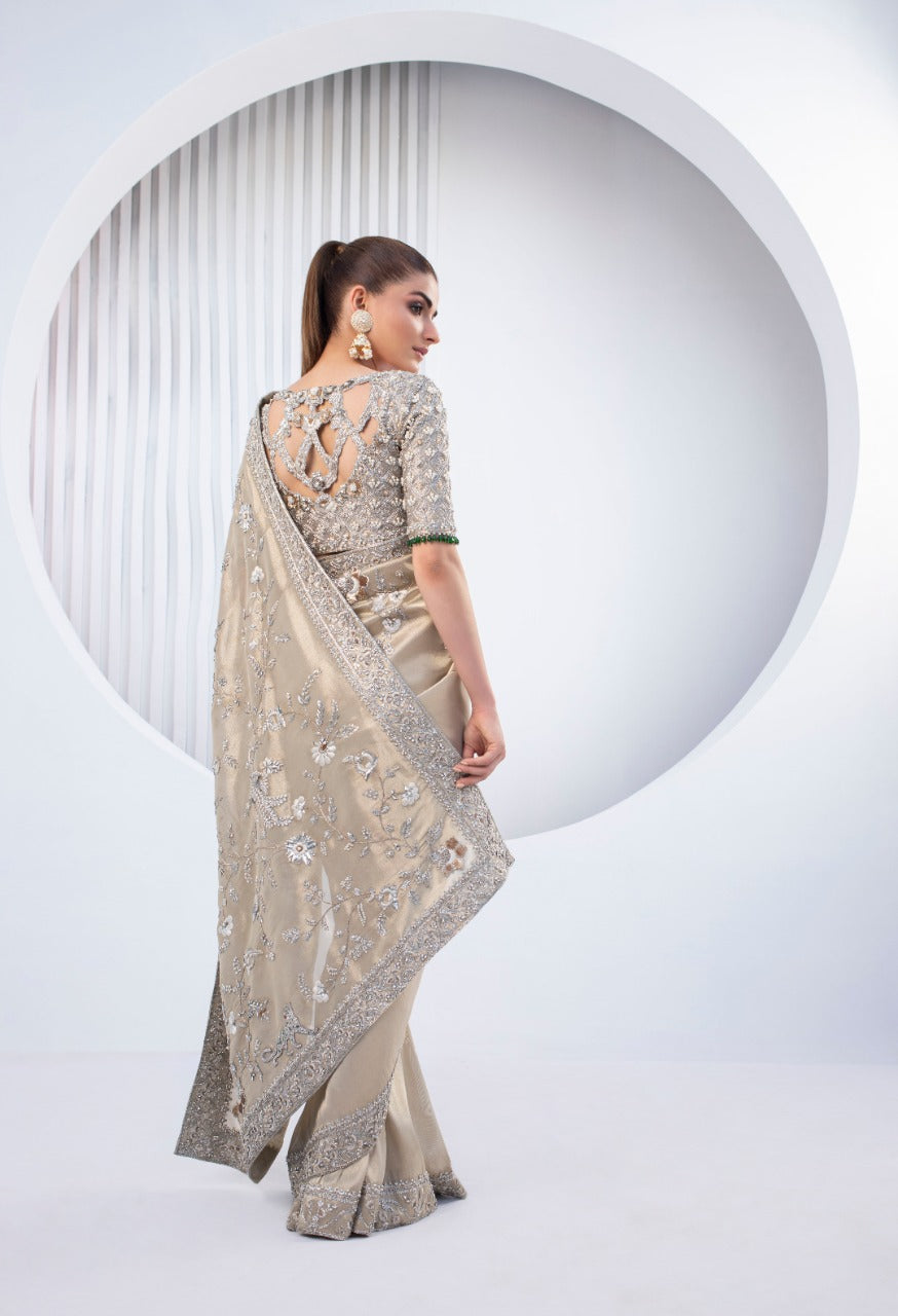 Pakistani Gold Zardozi Lame & Tissue Saree (2-Piece) - Image 4
