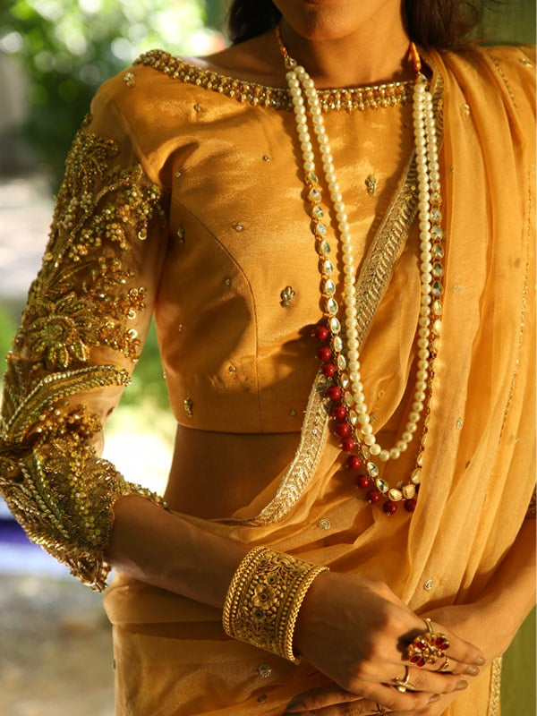 Pakistani Golden Embroidered Net Saree (2-Piece) - Image 3