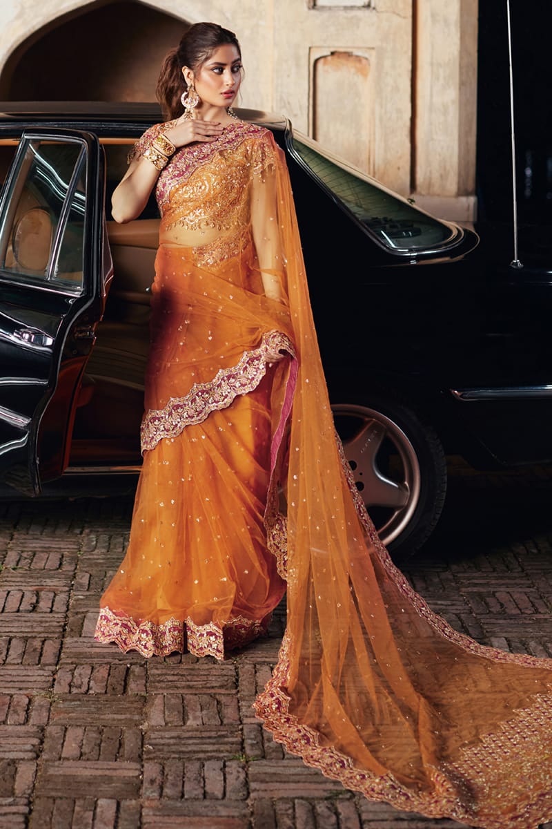 Pakistani Amber Gota Embroidered Net Saree (2-Piece) - Image 1