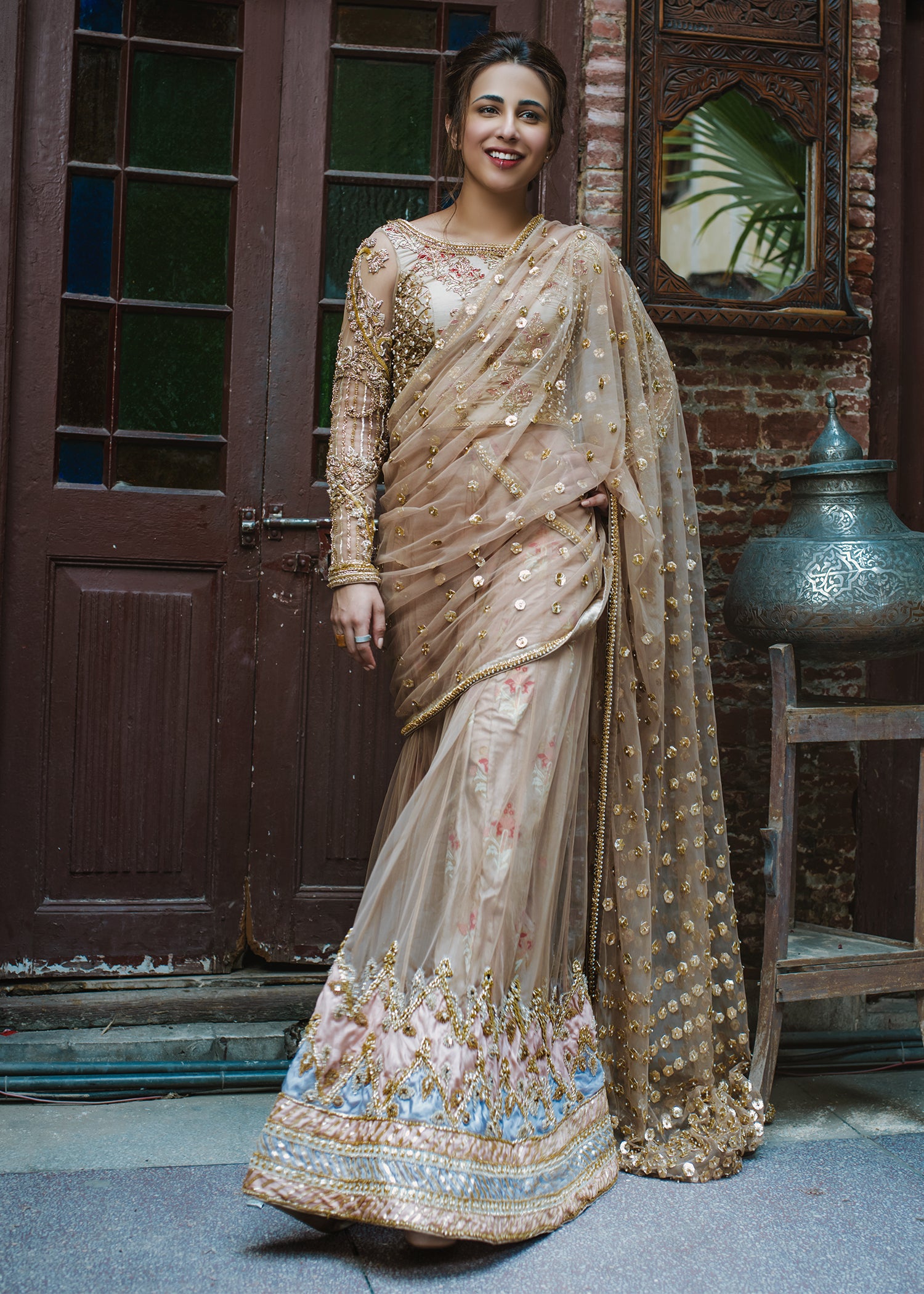Pakistani Gold Hand-Embellished Net Saree (2-Piece) - Image 1