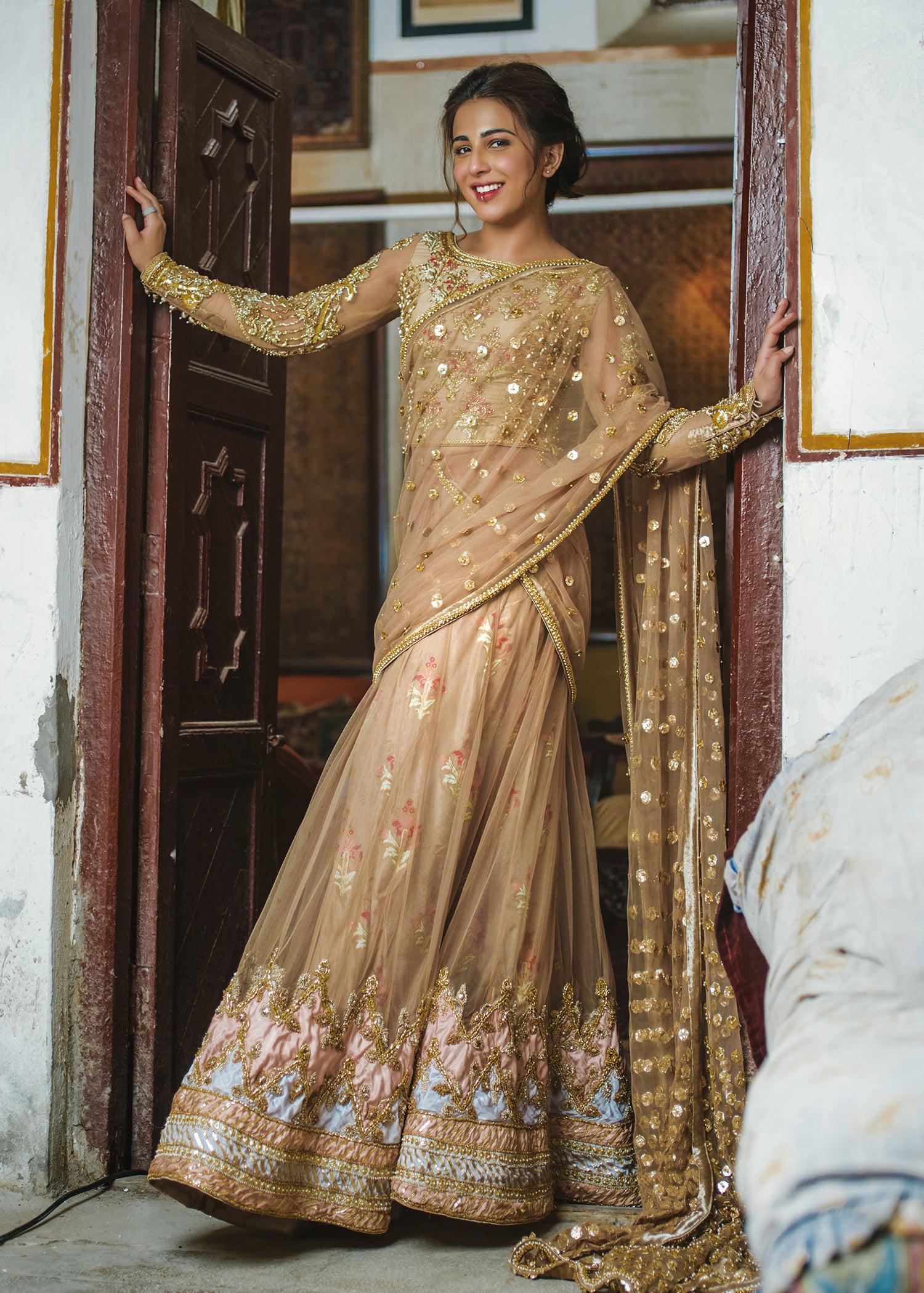 Pakistani Gold Hand-Embellished Net Saree (2-Piece) - Image 2
