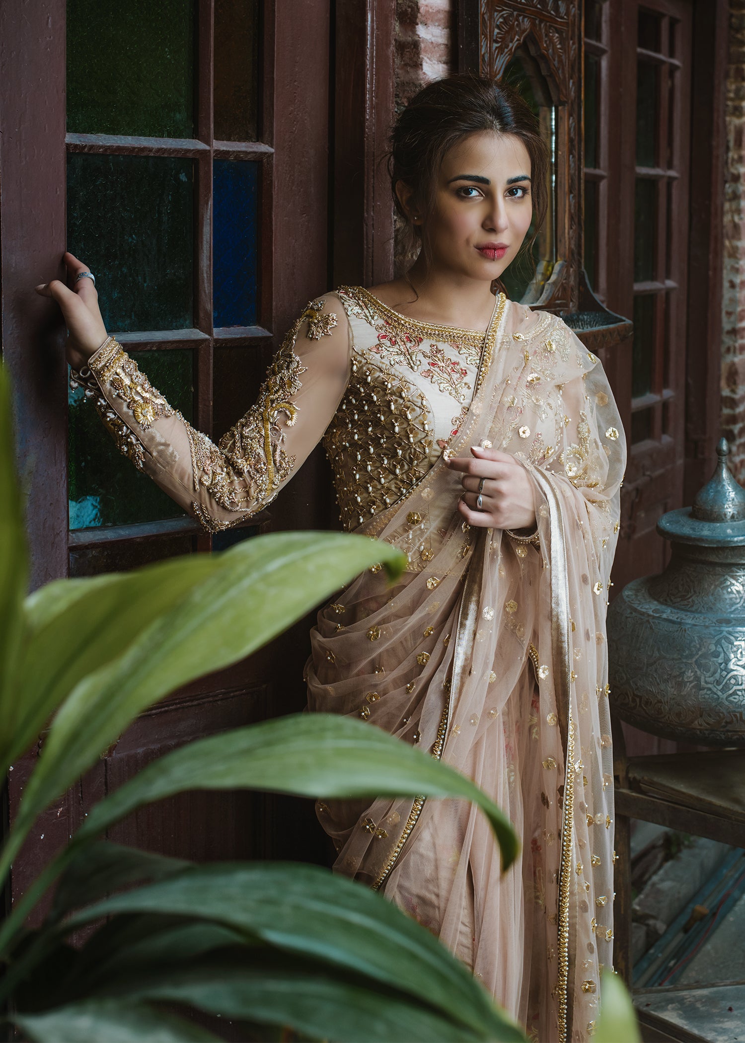 Pakistani Gold Hand-Embellished Net Saree (2-Piece) - Image 3