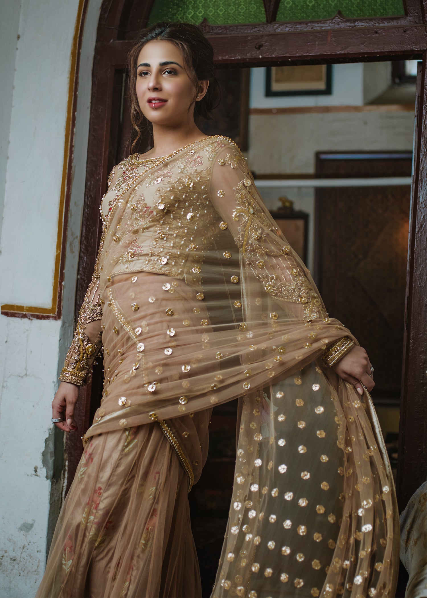 Pakistani Gold Hand-Embellished Net Saree (2-Piece) - Image 4