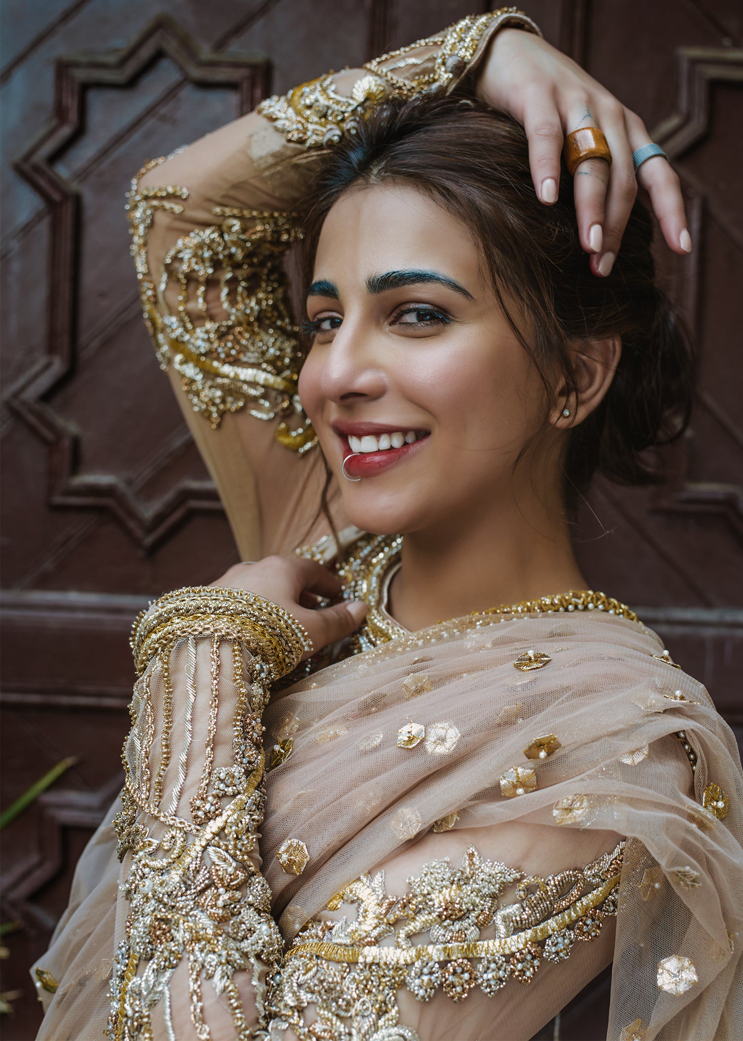 Pakistani Gold Hand-Embellished Net Saree (2-Piece) - Image 5