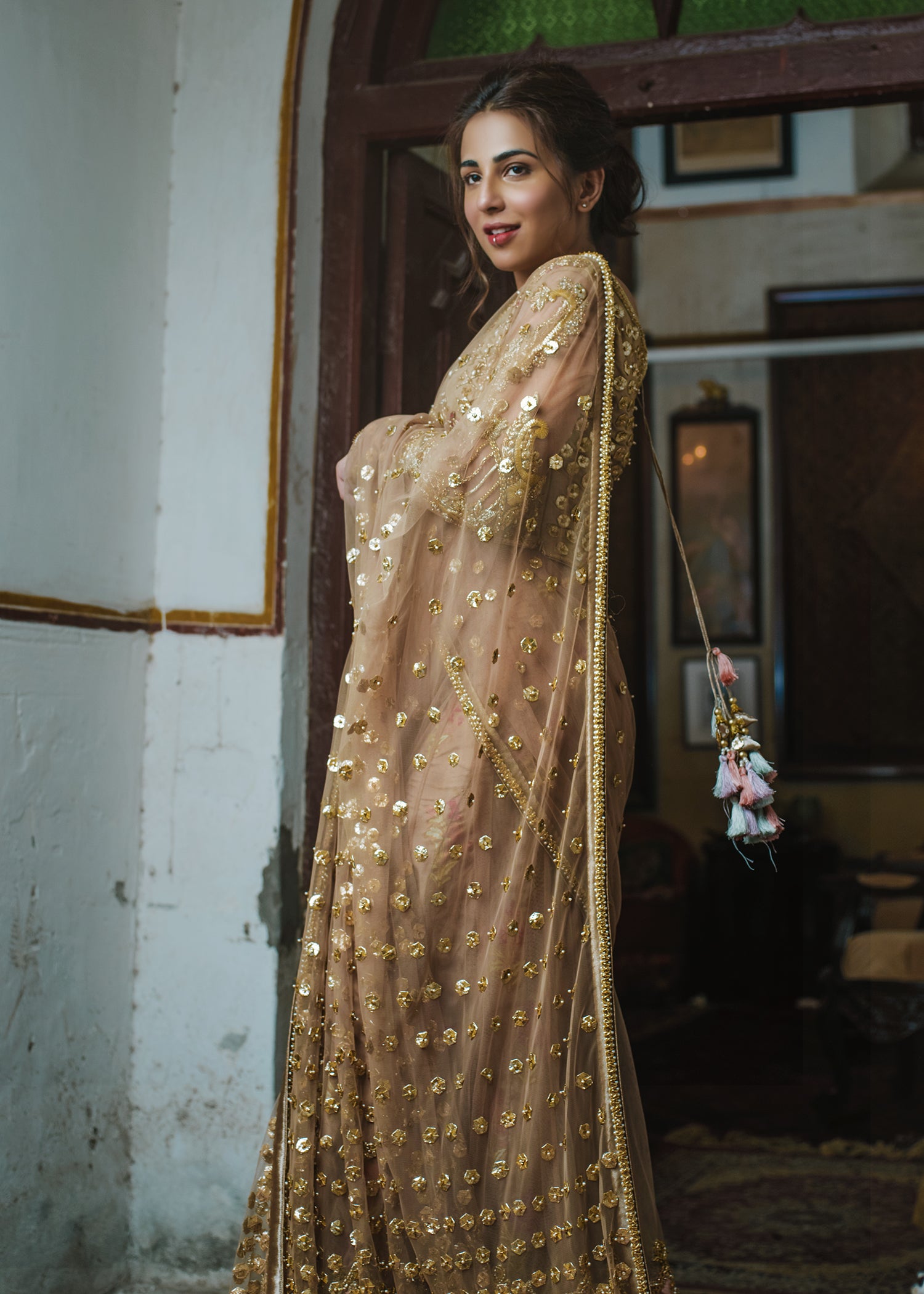 Pakistani Gold Hand-Embellished Net Saree (2-Piece) - Image 6